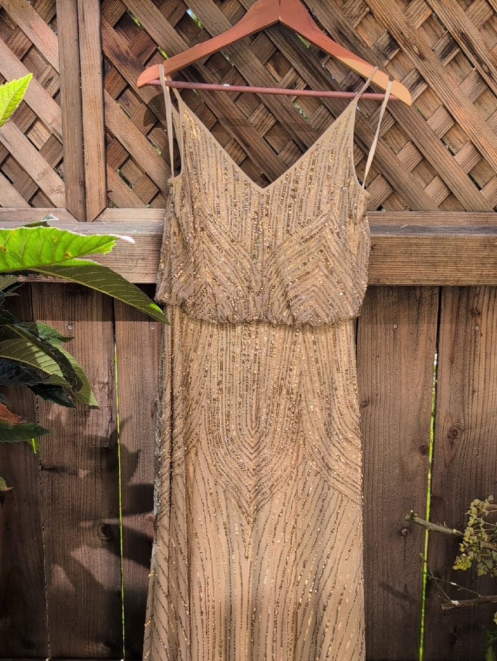 Beaded Gold Evening Dress with V-Neck